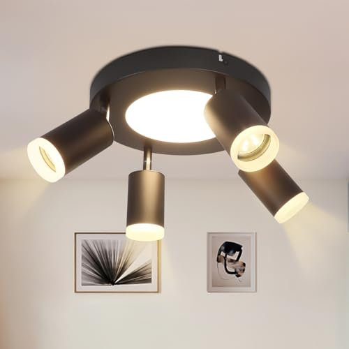 cupgow LED plafón 4 focos - lampara techo negro redondo dormitorio lámpara 3000k 20W plafón spot GU10 cocina lámpara orientable 350° para salón pasillo