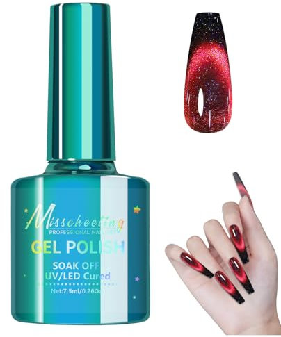 Cat Eye Gel Nail Polish,Magnetic Nail Polish,Diamond Deep Black Red Cats Eye Gel Nail Polish Magnetic Holographic Sparkle Cat Eye Nail Polish Soakable UV LED Home DIY Nail Salon