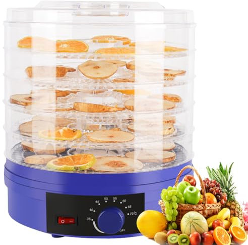 Electric Food Dehydrator, 350W Tray Food Dehydrator, with 5 Removable Trays, 35-70° Temperature Adjustable, Transparent Visual Fruit Tray, for Drying Fruit, Meat, Vegetable, Jerky and Pet Treat blue