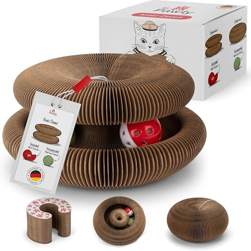 ST.PAWLY® - Kratz-Donut - Katzenspielzeug - Kratzspielzeug - Kratzpappe - Pappring - Katzenminzeball - Glockenball