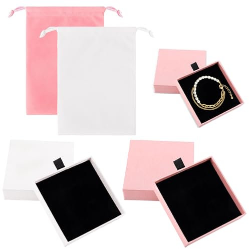 HXSYKJDM 2 Set Schmuck Geschenkbox, Schmuckschatulle mit Aufbewahrungstasche, Schmuckbox Karton Mit Samt Schwammmatte für Armband Halskette