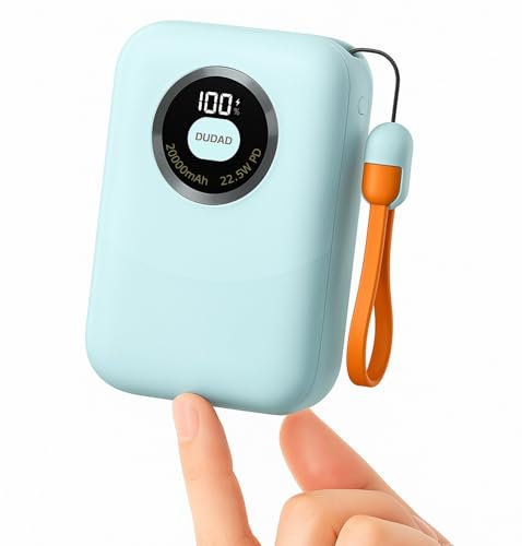 DUDAO K21 Pro - Banco de energía portátil - 20,000 mAh, 22.5 W PD+QC de carga rápida, doble puerto, cable USB-C integrado, compacto y portátil, compatible con iPhone 15/16, Samsung y más (azul bebé)