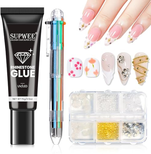 SUPWEE Nail Rhinestone Glue Kit, 15g Strong Adhesive Gem Glue with 6 in 1 Nails Art Dotting Pen and 6 Compartment Nail Charms, UV/LED Nails Art Tools for DIY Home Salon 3D Design