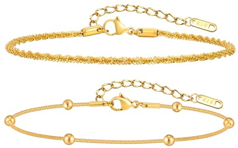 VNOX Bracelets de cheville pour femmes – Cheville en acier inoxydable à double couche avec pendentif cœur, longueur réglable 21 + 5 cm, fermoir mousqueton solide – Cadeau pour femme/mère/maman – Doré