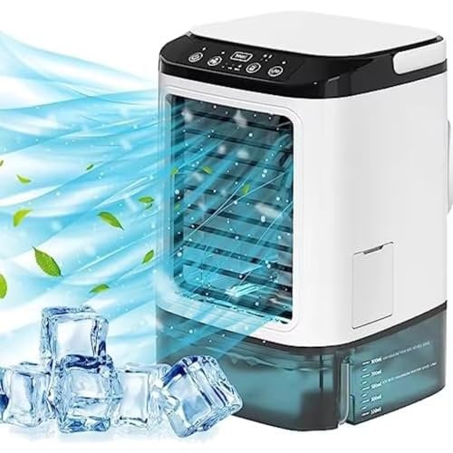 4-in-1 Mini Portable Air Conditioner, 900ml Small Evaporative Air Cooler, Mobile Air Conditoner Cooler Fan with 3 Speeds & Cool Mist, 7 LED Light, Personal Air Coolers for Home Room Office