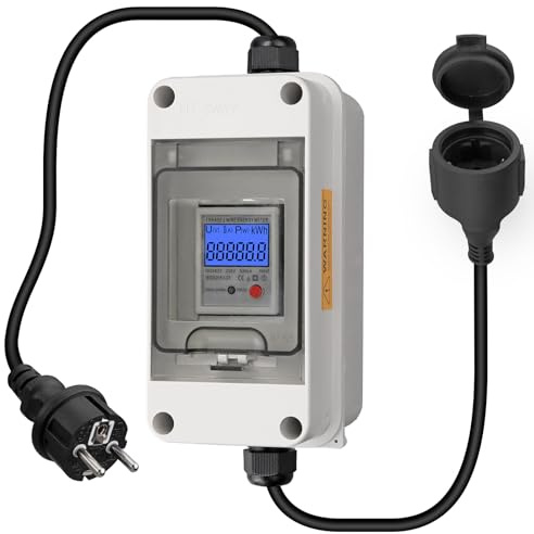 EYPINS Mobiler Digitaler Stromzähler 80A 230V, Outdoor Mobile KWH Messgerät IP65 Wasserdicht, Tragbar LED Stromzähler mit Reset, SK-Stecker, SK-Kupplung für Wohnmobile Elektroautos Haushalt