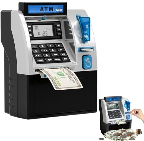 Tenkaybox Smart ATM Piggy Bank, Intelligente ATM Spardose, Elektronische Digitale Spardose mit Passwort, Debitkarte, Geldscheinzuführung, Münzerkennung, Saldenrechner Geschenk für Kinder (Schwarz)