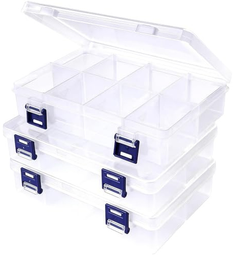 COONE 3 Pack Large Storage Boxes With Compartments, Adjustable Dividers Clear Plastic Stackable Organiser, Double Buckle Transparent Container for Beads Jewelry Makeup Accessories (White)