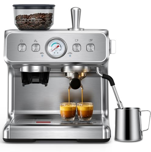 COWSAR Macchina da caffè con macinino conico integrato, 30 impostazioni di macinazione, controllo della temperatura PID, manometro, macchina per espresso in acciaio inox con scaldavivande, per latte