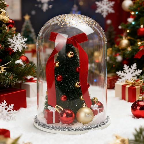 Plastic Christmas Snow Globe, Indoor Christmas Decorations, Snow Globe Kit Bottle Brush Tree with Red & Gold Ornaments Dome Cloche for HomeTabletop Centerpiece Festival Party Decor