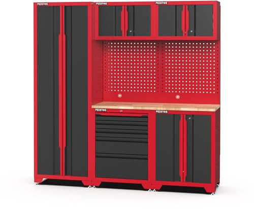 FEISTOS Werkstatteinrichtung Novo 1 | 198x46x198 cm Rot/Schwarz | Profi Werkbank & Werkzeugwand | 8 Teilig - Werkstattmöbel mit Arbeitsplatte | Garageneinrichtung mit Lochwand