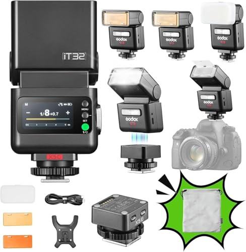 GODOX iT32 TTL Camera Flash with X5C Trigger for Canon R3 R5 R5C R6ll R7 R8 | R R10 R100 M50 M6Il M5 M3 5DMarkIV 6DMarkll 90D 80D etc, 2.4G HSS 1/8000s Magnetic Hotshoe & Trigger 2-in-1 Mini Camera Flash
