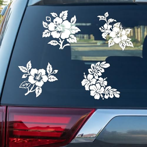 PRESSINART 4 Stück 4 Verschiedene Weiße Hibiskus Auto Aufkleber blüten Aufkleber Für Auto Reflektierende Fahrrad Sticker PET Wasserdicht Selbstklebend Für Motorrad LKW Stoßstange Zimmer 7,9 x 7,9 Zoll