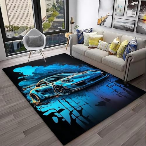 RUILBJM 3D Graffiti Coche Alfombra, Niño Adolescente Habitación Rug Antideslizante, Genial Neón Starry Sky Coche Deportivo Patrón Sala de Juegos Decoración, Sala de Estar Carpet (Color 4,100x150cm)