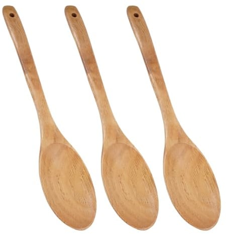 3 Piezas Cucharas de Madera Grande, 31x5,5 cm Cuchara Madera Cocina | con Orificio para Colgar, Resistentes Al Calor, Duradera Wooden Spoon para Cocinar, Servir, Mezclar (Marrón)