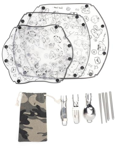 Keenso Ensembles de Vaisselle, Ensemble de Vaisselle Pliable, Ensemble de Couverts Portables, Bols, Assiettes, Tasses avec Boutons-pression pour Camping (de couverts épais et pliables, bol,
