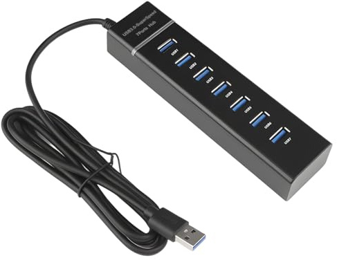 7-Port USB 3.0 Hub with 1.5M Cable – High-Speed USB Multiport Adapter for PC, Laptop, Desktop, and Travel Use, Data Transfer up to 480Mbps, Portable Black USB Port Expansion for Office Gaming and More