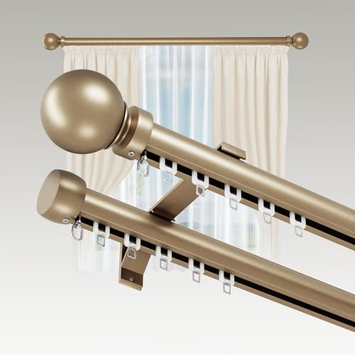 OXBZKMY Gold Gardinenstange 2 Läufig, Leise und Langlebige | Aluminium, mit Halterung und Enden, Vorhangstange Doppelläufig für Schlafzimmer Wohnzimmer, 2.2m
