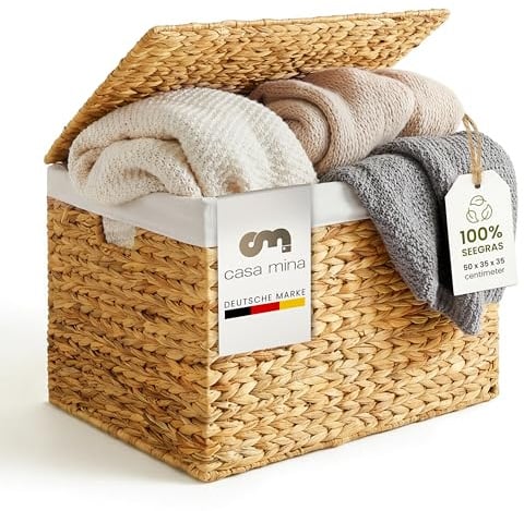 Casa Mina Truhe Aufbewahrung mit Deckel L50xW35xH35cm 100% natürlich aus Wasserhyazinthe I Dekorative Körbe Aufbewahrung für jeden Raum I Aufbewahrungskorb mit robustem Metallgestell