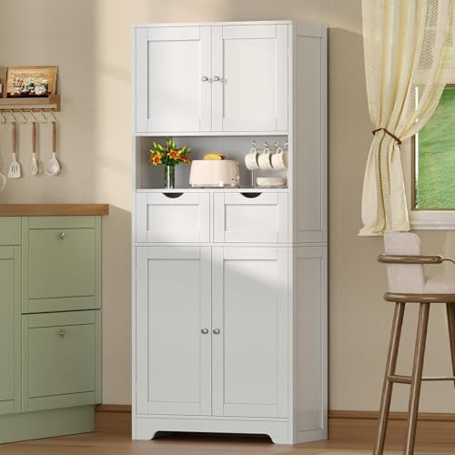 SLINEMO 147cm Tall Kitchen Pantry Cupboard, Freestanding Storage Cabinet with 4 Doors and 2 Drawers, Adjustable Shelves Sideboard for Dining Room, Living Room, Hallway, White