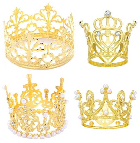 4 Stück Silber Krone Tortendeko mit Perlen und Strass, Mini Krone Tortendeko, Krone für Cupcakes, Prinzessin Tortendeko für Hochzeit, Royal-Thema, Brautdusche, Mädchen & Damen Geburtstag (Golden)