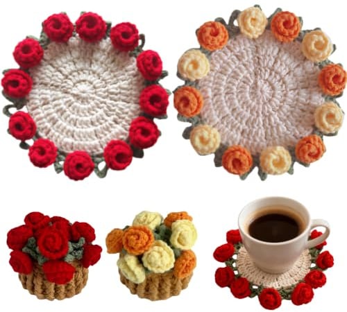 2PCS Handmade Crochet Rose Flower Coaster Set with Mini Basket, Red and Yellow Boho Floral Coasters, Home Decor Table Mat Gift for Mother’s Day Birthday