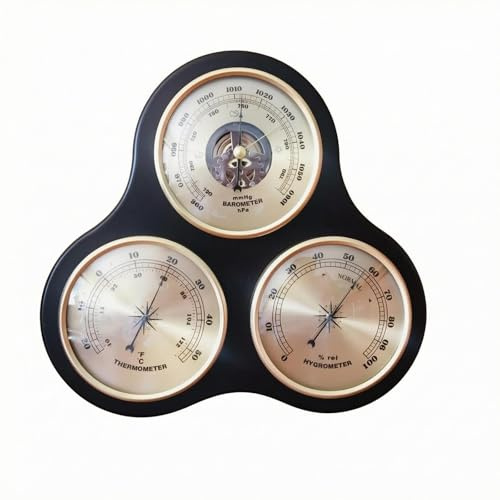 FytStycale Wetterstation mit Luftdruckmesser goldfarben Holzwetterstation dekorativ Wandwetterstation, Aushöhlen Barometer Thermometer Hygrometer