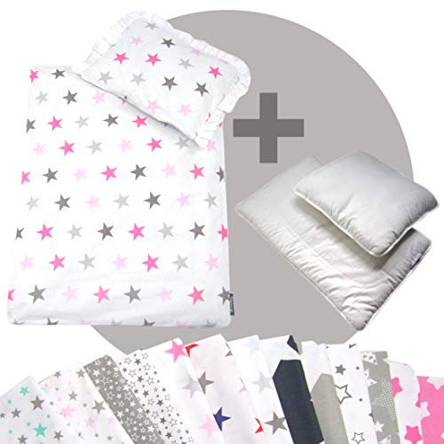 Rawstyle 4 tlg. Babybettwäsche-Set für Kinderwagen (Weiß + Sterne Rosa mittel) Garnitur Bettwäsche Decke + Kissen + Füllung