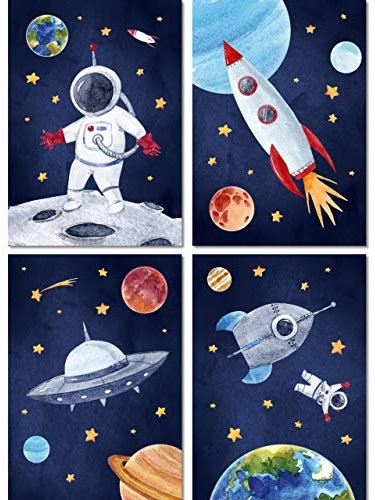 LALELU-Prints Bilder Kinderzimmer Wanddeko Wandbilder Kinderbilder Poster Jungen Astronaut Weltraum Weltall 4er Set DIN A4