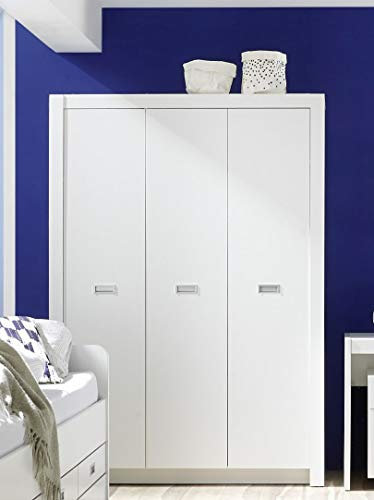 ALASKA Eleganter Jugendzimmer Kleiderschrank 3-türig - Vielseitiger Drehtürenschrank mit viel Stauraum in weiß - 137 x 195 x 56 cm (B/H/T)