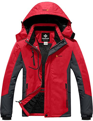 GEMYSE Homme Veste de Ski Imperméable de Montagne Manteau d'hiver Extérieur en Polaire Coupe-Vent avec Capuche(Gris Rouge,XL)