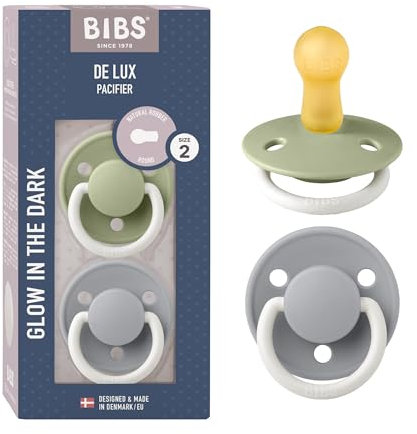 BIBS De Lux Glow Schnuller 2er-Pack, BPA-frei. Leuchtet im Dunkeln, Kirschform Nippel. Naturkautschuk/Latex, Hergestellt in Dänemark. 6-18 Monate (2er Pack), Sage NIGHT/Cloud NIGHT