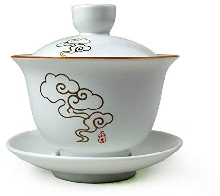 Porzellan Gaiwan Teetasse 237 ml, weiß glasierte Terrine, chinesische Sancai-Abdeckung, Schüssel, Lippe, Tasse, Untertasse, Set (verheißungsvolle Wolken)