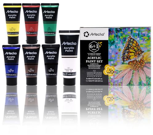 Artecho Pinturas Acrilicas 6x60ml & 1x120ml, Acrylic Paint Set, Impermeable y resistente a la luz, para Lienzos, Tela, Madera, Cristal, Piedras.