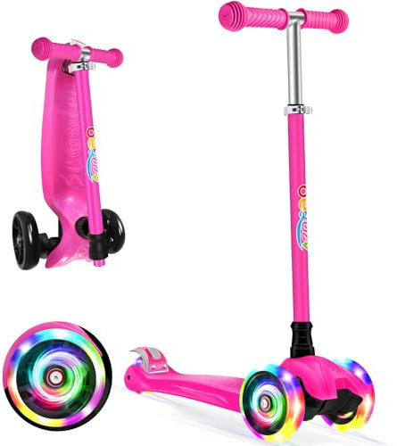 BELEEV Deluxe 3-Wheel Scooter for Kids Age 3-12, Adjustable Height, Lean to Steer, Light Up Wheels, Extra-Wide Deck, Children's Scooter (Pink)