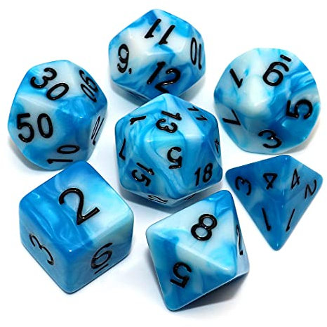 DND-Würfel-Set, polyedrisch, für Dungeon and Dragons, D&D, COC, Rollenspiele, Tischspiele, 7-teilig, mit Würfelbeutel, Blau und Weiß