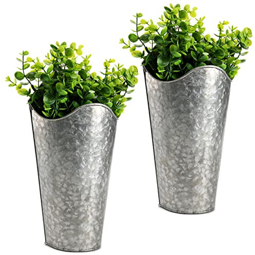 Lyellfe Set of 2 Farmhouse Planter with Artificial Eucalyptus, Rustic Metal Galvanized Hanging Vase Flower Holder, Farmhouse Wall Decor for Living Room, Country Home Garden