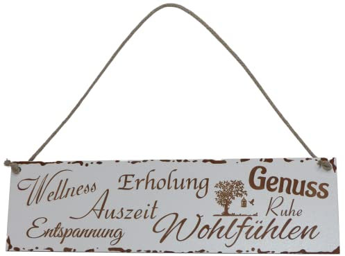 Wellness Erholung Auszeit Entspannung Wohlfühlen Schild Shabby Chic Deko weiß Geschenk Deko Holz HDF ca 28 x 8 cm Wanddeko Wandbild Hängeschild mit Kordel Wellness