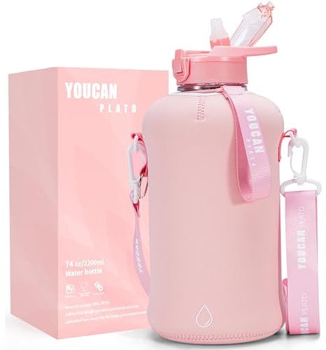 YOUCAN PLATO 64 oz Half Gallon Water Bottle with Sleeve-Large Water Bottle -Big Gym Water Bottle with Straw- Gallon Water Jug with Handle and Bottle Brush-BPA Free- Leakproof, workout bottle,Pink