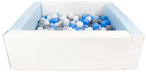 Bällebad Bällepool Bällebecken Spielbecken Kinderpool quadratisch 200 Bälle (Farbe des Pools/der Bälle: weiß, blau (Pastell)/weiß, transparent, hellblau, grau)