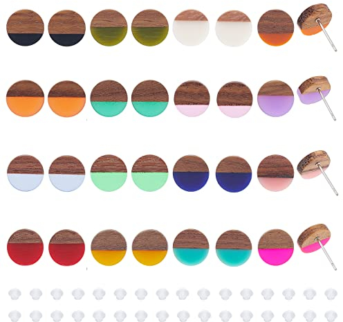 PandaHall 16 Paare Holz Harz Ohrstecker, 16 Stil flache Runde Holz Post Ohrstecker Personalisierte Ohrringe aus Walnussholz mit 316 Edelstahl Stifte für Frauen Freunde Mom Geschenke