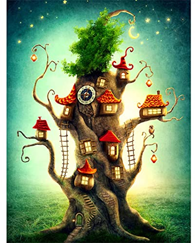 Malen Nach Zahlen Cartoon-Baumhaus DIY Handgemalt Ölgemälde Leinwand Kits für Erwachsene Kinder mit Pinseln Acrylpigment Zeichnung Paint by Numbers für Haus Wand Decor 60x75cm Mit Rahmen