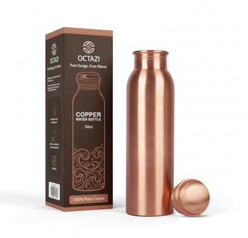 Pure Copper Water Bottle - 34oz - Handmade 1 Liter Leak Proof Handcrafted Vessel For Drinking With Ayurvedic Health Benefits for Sports Fitness Yoga Bottle Drink More Water - Classic Smooth Finish
