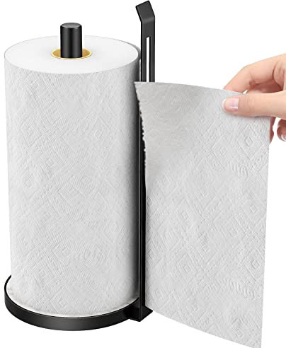 Jesginboo Kitchen Roll Holder Free Standing, Countertop Paper Towel Dispenser for One Hand Tearing Paper Towel Holder Stand with Marble Base for Standard and Large Size Rolls, Black