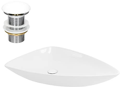 ML-Design Lavabo Blanco Triangular de Cerámica Brillante 690 x 460 x 130 mm Fregadero para Pared o Sobre Encimera Pila Diseño Moderno Lavamanos para Baño Aseo con Juego de Desagüe y Agujero para Grifo
