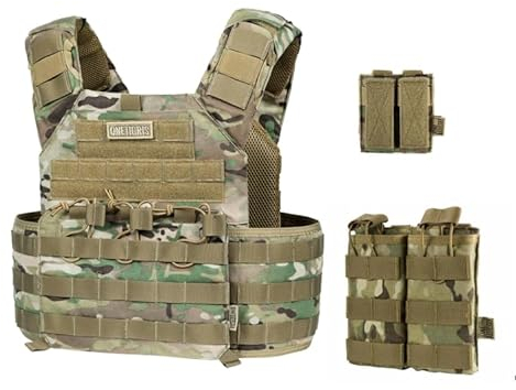 OneTigris Doom Plattenträger Taktische Weste mit 2 M4 AR AK Doppelt Mag Pouch, Airsoft Brustschützer für Paintball Polizei Softair