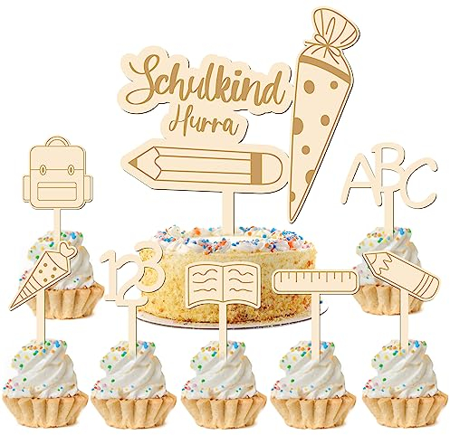 8 Stück Schulanfang Tortendeko Tortendeko Einschulung Holz Cake Topper zur Einschulung personalisiert Tortendekoration für Junge Mädchen 1. Schultag Party Deko Geschenkidee (B)