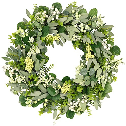 Vlorart grüner Eukalyptusblattkranz, 61 cm, künstliche Frühlings- und Sommerkränze für Haustür, Dekoration, Buchsbaumkranz mit großen Beeren, Bauernhaus-Grünkranz, ganzjährig für drinnen und draußen