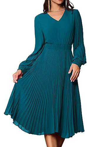 GRACE KARIN Ladies Casual Long Sleeves Chiffon Pleated Dress V Neck Midi Evening Ocassion Dresses Cerulean 2XL