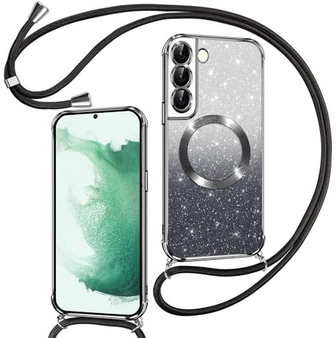 Phoona Couqe Magnétique pour Samsung Galaxy S22 Plus 5G Con Cordon, Compatible avec MagSafe, Brillant Glitter Pailleté Antichoc Durable Résistante Etui Housse pour Samsung S22 Plus 5G Bumper, Noir